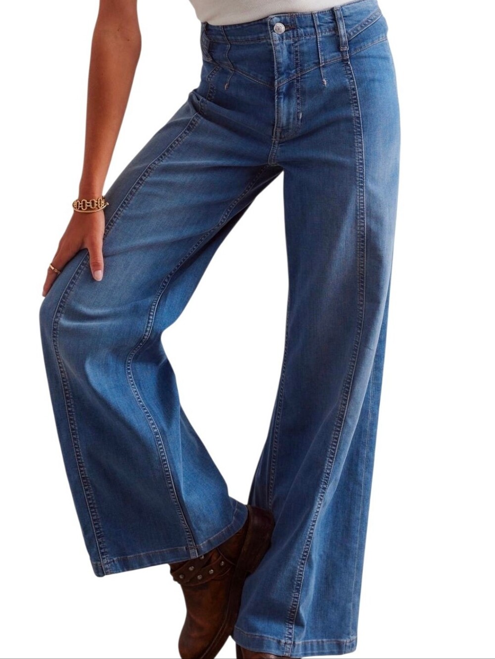 Free PeopleLibre High Rise Wide Leg Stretch Denim Jeans Meduim Wash Blue Size 31